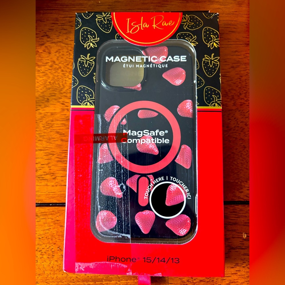 Black Magnetic iPhone Case with Red Strawberry Design